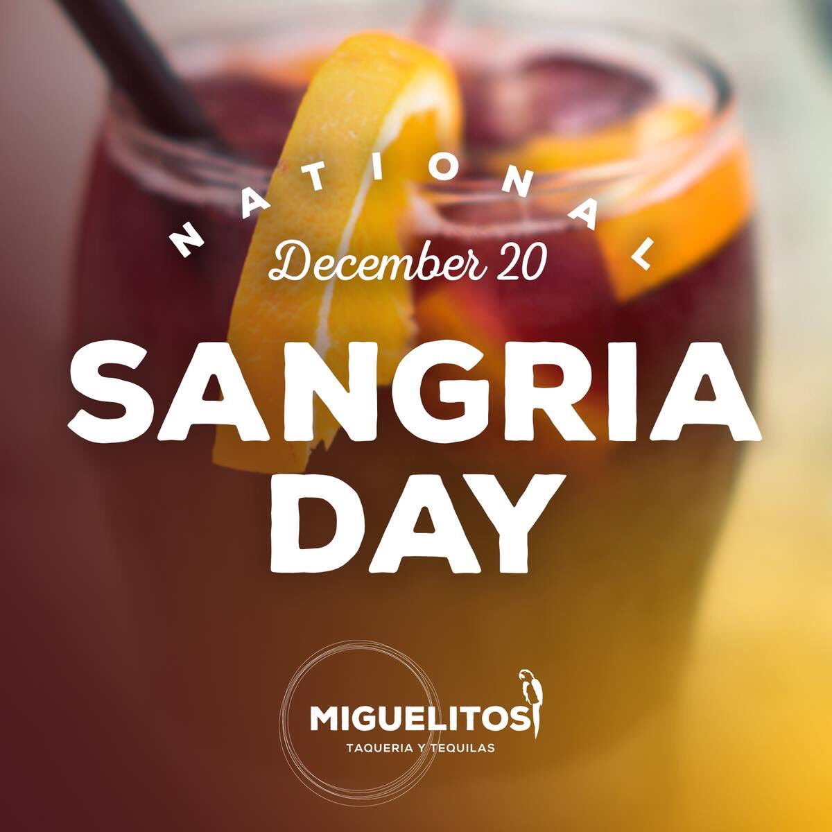 miguelitostampa's tweet image. 🗓️🍹 Mark it down on your calendars! National Sangria Day is December 20th!

Come out and enjoy 50% Off Sangria from 2-6pm!

#MiguelitosTampa #NationalSangriaDay