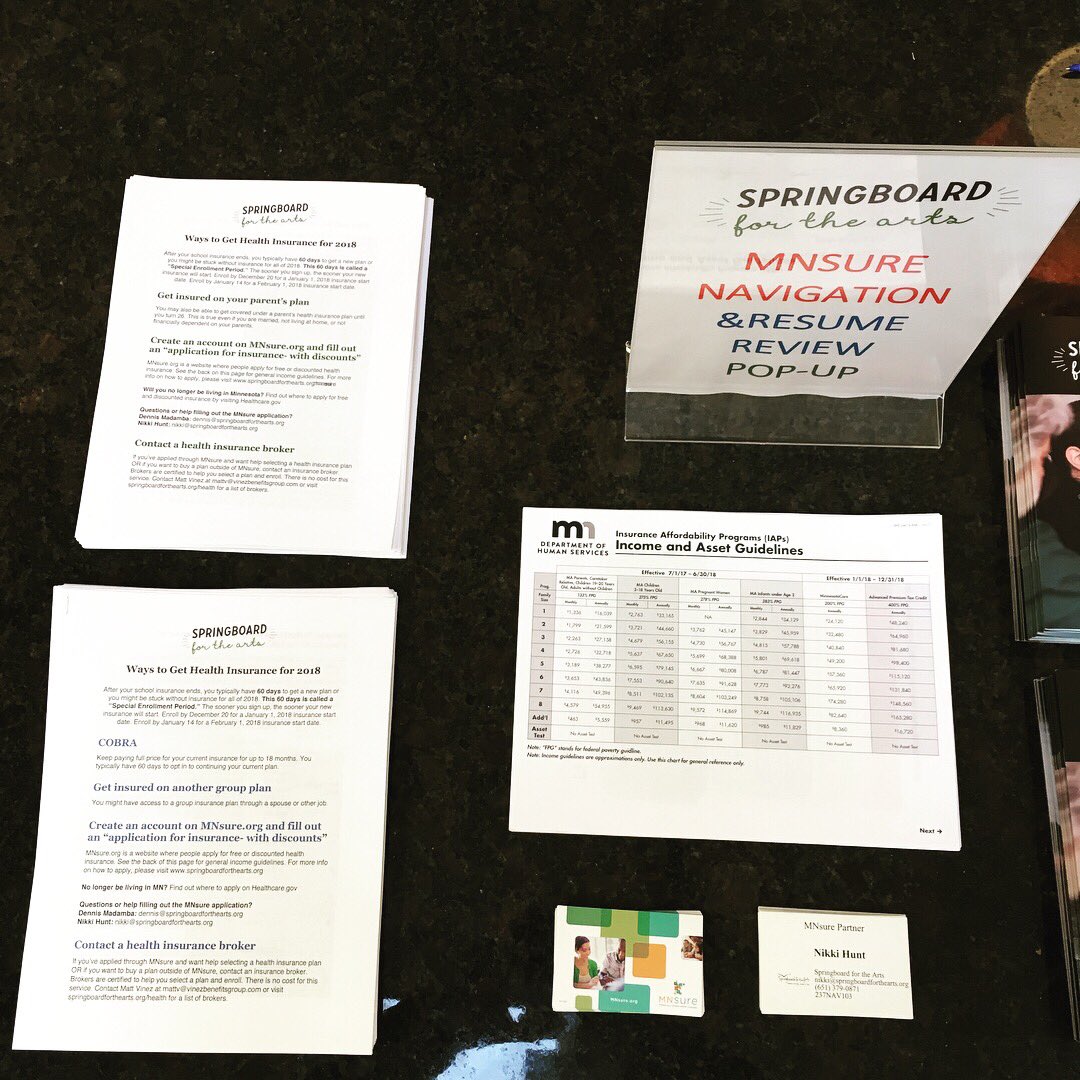 SpringboardArts's tweet photo. We have our @MNsure Navigators & Resources staff at @mcnallysmith today until 4pm, in the shared lobby with @HistoryTheatre. Drop by for help to #GetCovered & connect. #SaveMcNally https://t.co/3CdzYb7Opa