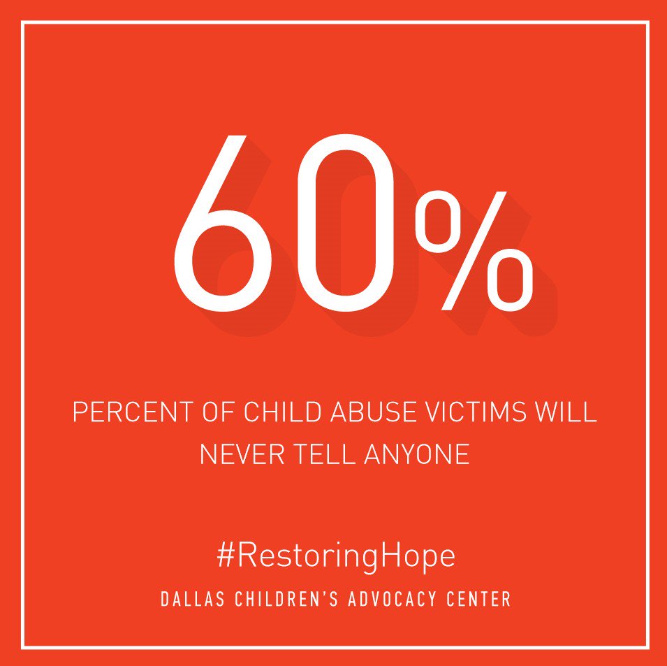 DallasCAC's tweet photo. Did you know? 60% of child abuse victims will never tell anyone. #education #childabuse #childabuseprevention #DCAC #RestoringHope #HolidayofHope #stopchildabuse #dallas #mommyblogger #dallasmomsblog #volunteer #justice #childabuseawareness #helpachildsmile #dallastx #awareness https://t.co/rFEj21ue49