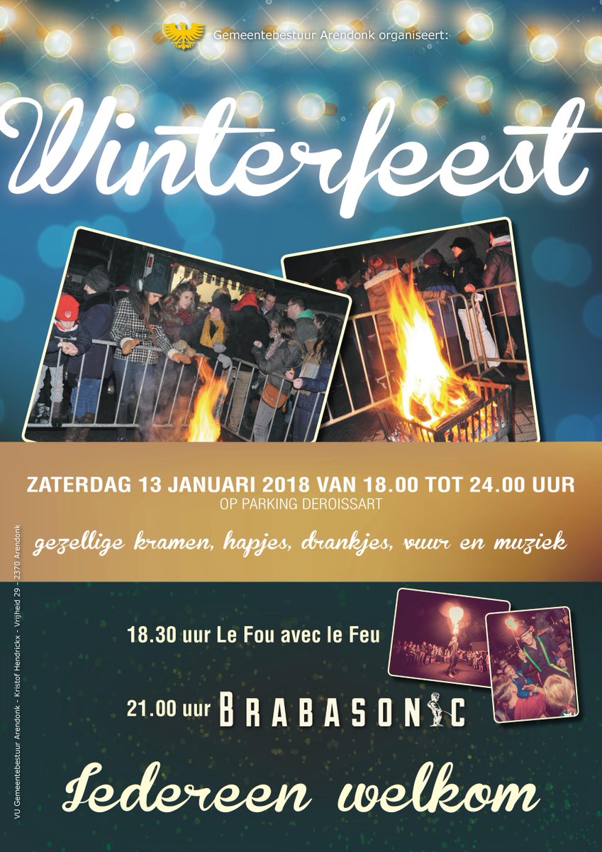 2370Arendonk's tweet photo. Op zaterdag 13 januari 2018 klinken we op het nieuwe jaar met gezellige kraampjes vol hapjes en drankjes, vuur en muziek. https://t.co/mgewhC7iD9