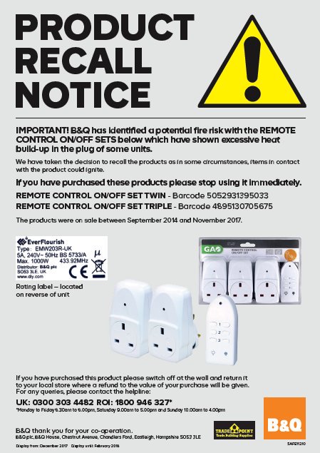 BandQ's tweet photo. PRODUCT RECALL: B&amp;Q has identified a potential fire risk with these products:
REMOTE CONTROL ON/OFF SET TWIN Barcode 5052931395033 + TRIPLE Barcode 4895130705675
Please switch off, stop using immediately &amp; return to your local B&amp;Q store for a refund
https://t.co/Dt6Jljm4ua https://t.co/TiivlOaxzT