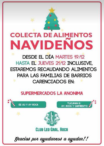 ClubLeoGralRoca's tweet photo. Te invitamos a colaborar con algún tipo de alimento navideño: budin, pan dulce, turrón, etc... nosotros nos vamos a encargar de repartirlos a las familias que lo necesitan este año. 

Horarios: 10:00 - 12:30. O también podes comunicarte con nosotros por medio de éste medio. https://t.co/aROURaP8Jh
