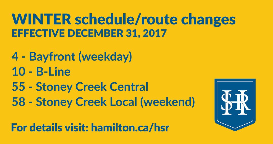 hsr's tweet photo. Winter schedule/route changes are coming for #HSR4, #HSR10, #HSR55 and #HSR58 starting Dec 31, 2017. Details: https://t.co/HzRBQvMwlP #HamOnt #HSRAlert https://t.co/nTg1RcwkwH