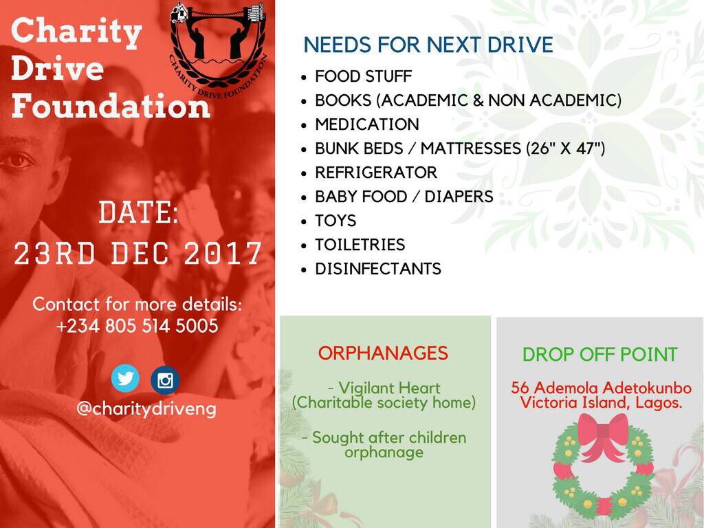 charitydriveng's tweet photo. Hi Everyone, The next charity drive is only days away!!!! It’s to time to wrap up the year with a bang for the kids and less privileged. Join us on our December drive this Saturday the 23rd of December 2017 at 10am sharp. See flyer for more details!!! https://t.co/79O2ErGFiq