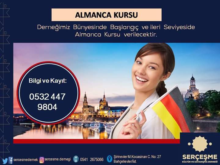 * ALMANCA KURSU *
Almanca  Kurs Kayıtlarımız başlamıştır.
Bilgi ve Kayıt için İletişim : 05324479804 
#AlmancaKursu  #SerçeşmeDerneği