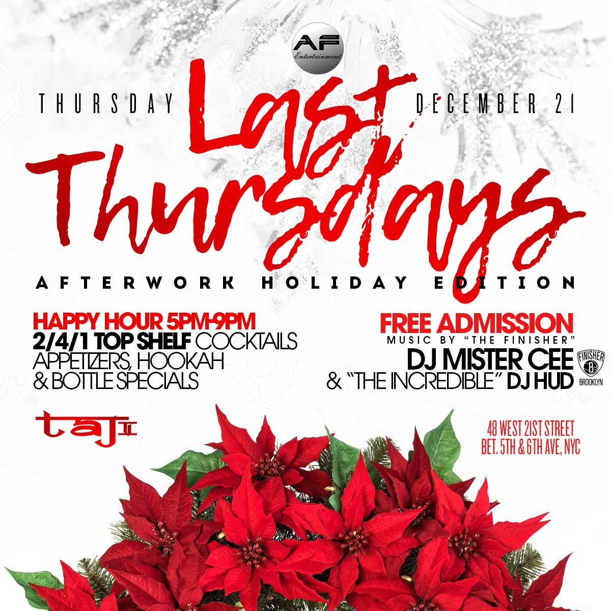 asstdflavorsent's tweet photo. Due 2 Xmas holiday #lastthursdays #afterwork #holidayedition will be held this Thursday 12/21 @tajlounge 5PM-12AM music by #thefinisher #thewallopking @djmistercee https://t.co/i06UkXlSpr