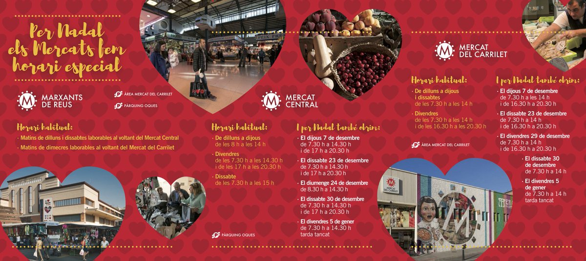 OBRIM MÉS HORES PER #NADAL Consulteu els horaris especials i programeu la compra dels àpats d'aquestes festes 🎄🍖🍇🥕🍗🍅
#reus #mercatsdereus #reusesnadal