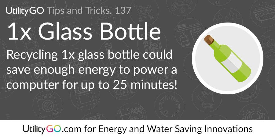 utilitiesgo's tweet image. 1x Glass Bottle
Recycling 1x glass bottle could save enough energy to power a computer for up to 25 minutes! #energysaving #moneysaving Tips &amp;amp; tricks at buff.ly/2CqS1V8