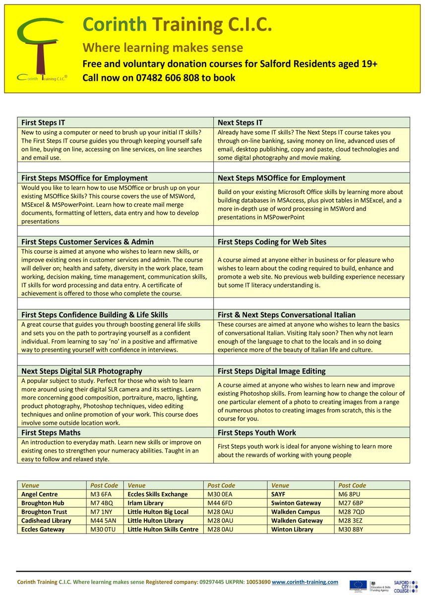 New community training courses for the Spring term, free to Salford residents aged 19+
Starts 15 Jan 18.
For info: Email: info@corinth-training.com Tel: 07482 606808 or: 
Facebook: Corinth Training 
Twitter: <a href="/corinthtraining/">Corinth Business and Community Training C.I.C.</a> 
#lifelonglearning #salford #corinthtraining