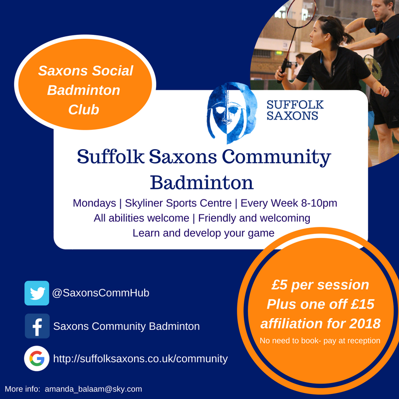 Suffolk Saxons #Badminton club at the Skyliner Sports Centre every Monday. All abilities welcome and equipment provided!  @AC_Leisure