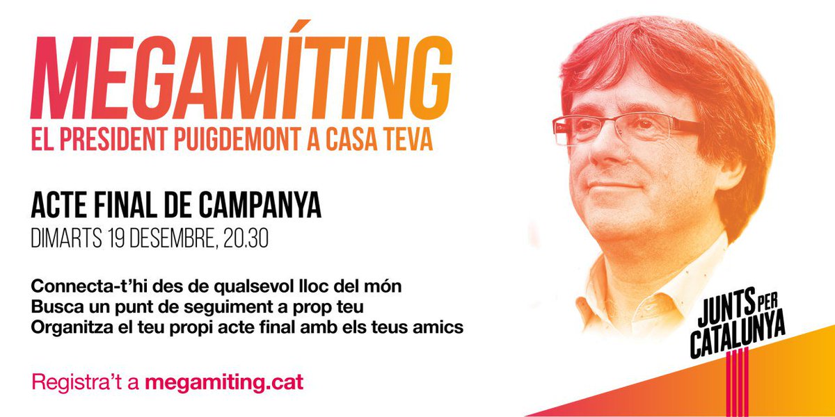 JuntsXCat's tweet photo. Aquest vespre, el president @KRLS té un missatge per a tu. A les 20.30h, connecta’t al https://t.co/hJqiZsU8yO , el nostre acte final de campanya!

#Megamíting https://t.co/PIlB6xCk4S