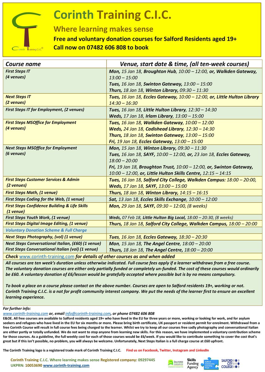 CorinthTraining's tweet photo. New community training courses for the Spring term, free to Salford residents aged 19+
Starts 15 Jan 18.
For info: Email: info@corinth-training.com Tel: 07482 606808 or: 
Facebook: Corinth Training 
Twitter: @corinthtraining 
#lifelonglearning #salford #corinthtraining https://t.co/sj0AhSmSYB