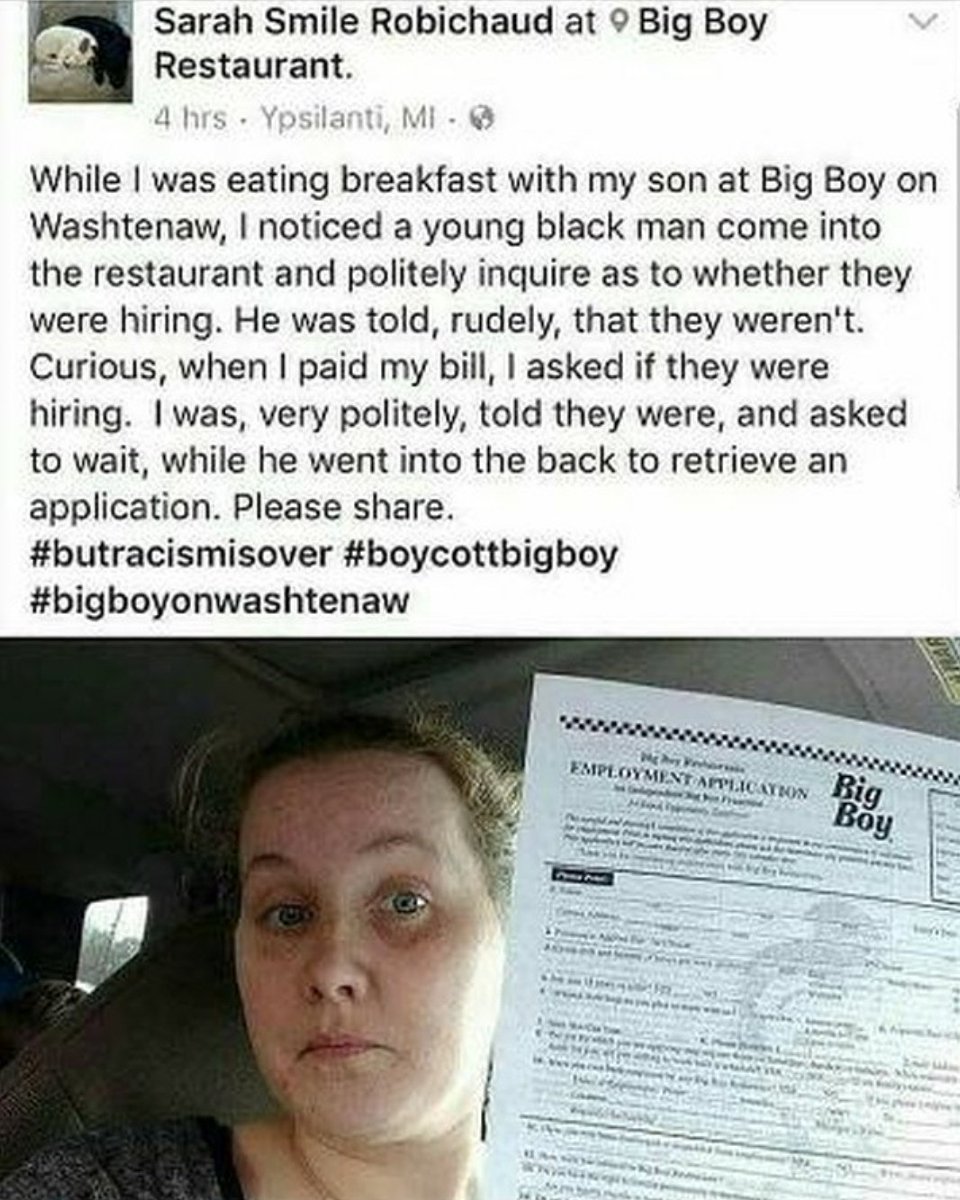 TheWarriorCode's tweet photo. This is why we #TakeAKnee and support @Kaepernick7 &amp; his foundation @yourrightscamp 

#stopracism 
#BoycottBigBoy 
#BigBoyResturant 
#DontEatWhereYouWouldntBeHired
#ButRacismIsOver https://t.co/IgFnoFTPnb