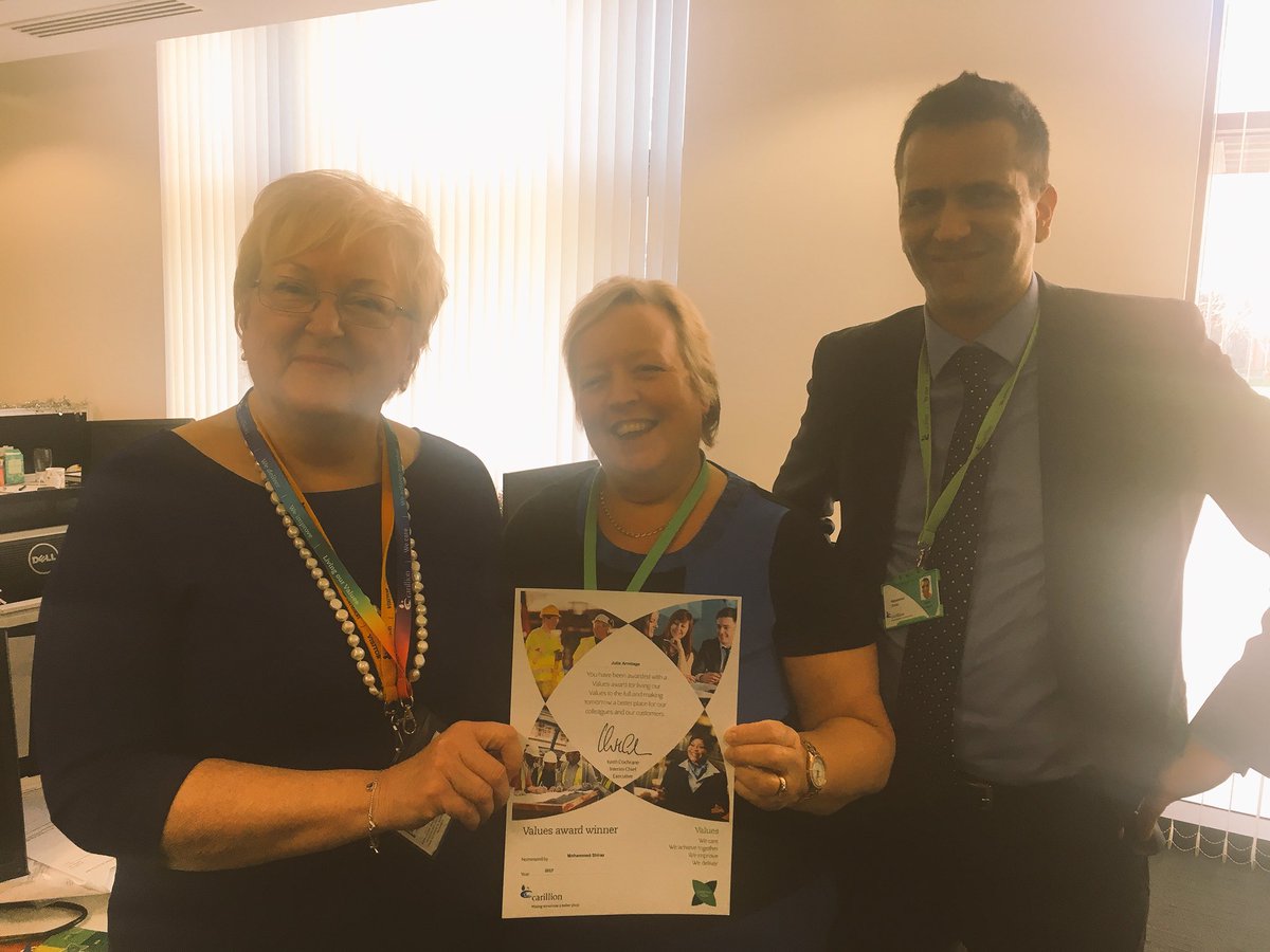 DMCold's tweet image. Absolutely fantastic to have Janet Dawson, our Chief HR Officer, sharing #ValuesAwards in our @Carillionplc Finance Hub!  Well done guys. #WeAchieveTogether