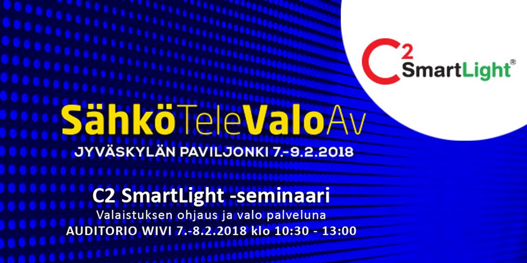 c2smartlight's tweet photo. #C2SmartLight #SähköTeleValoAv 2018 -messuilla osastolla B-401. C2 SmartLight -seminaari 7.2. ja 8.2 aiheena valaistuksen ohjaus ja valo palveluna. Ilmoittaudu mukaan: https://t.co/MS1wizd0zC #valaistuksenohjaus #valoapalveluna #sähkömessut https://t.co/Bg0TNsnKFY