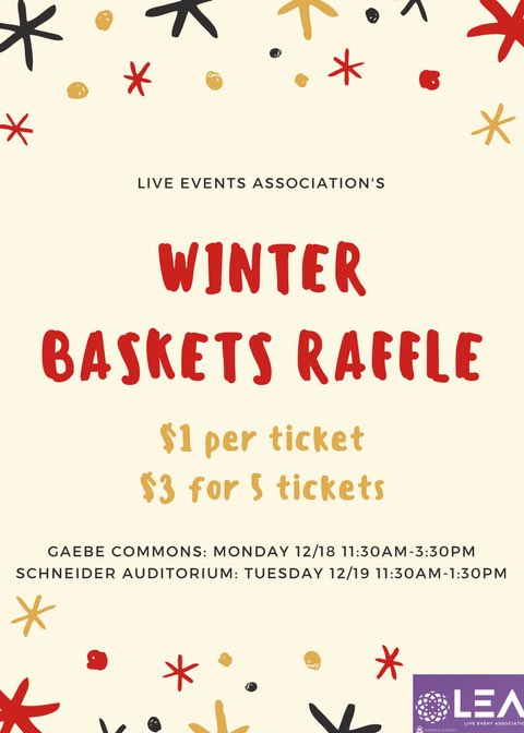 jwu_lea's tweet photo. If you missed us in Gaebe Commons yesterday, stop by our table outside Schneider Auditorium from 11:30-1:30 to buy raffle tickets for a chance to win one of our winter baskets! https://t.co/dRy2YcG8RP