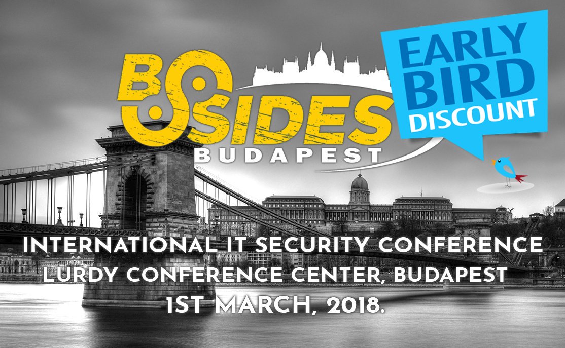 hacktivityconf's tweet photo. Early bird tickets with 20% discount are available for #BSidesBUD2018! #Hacktivity2017 visitors can get tickets for 50% until 31st Dec. 2017. More info: https://t.co/7QSZSAf5C6 https://t.co/ZxJKKNPHUW