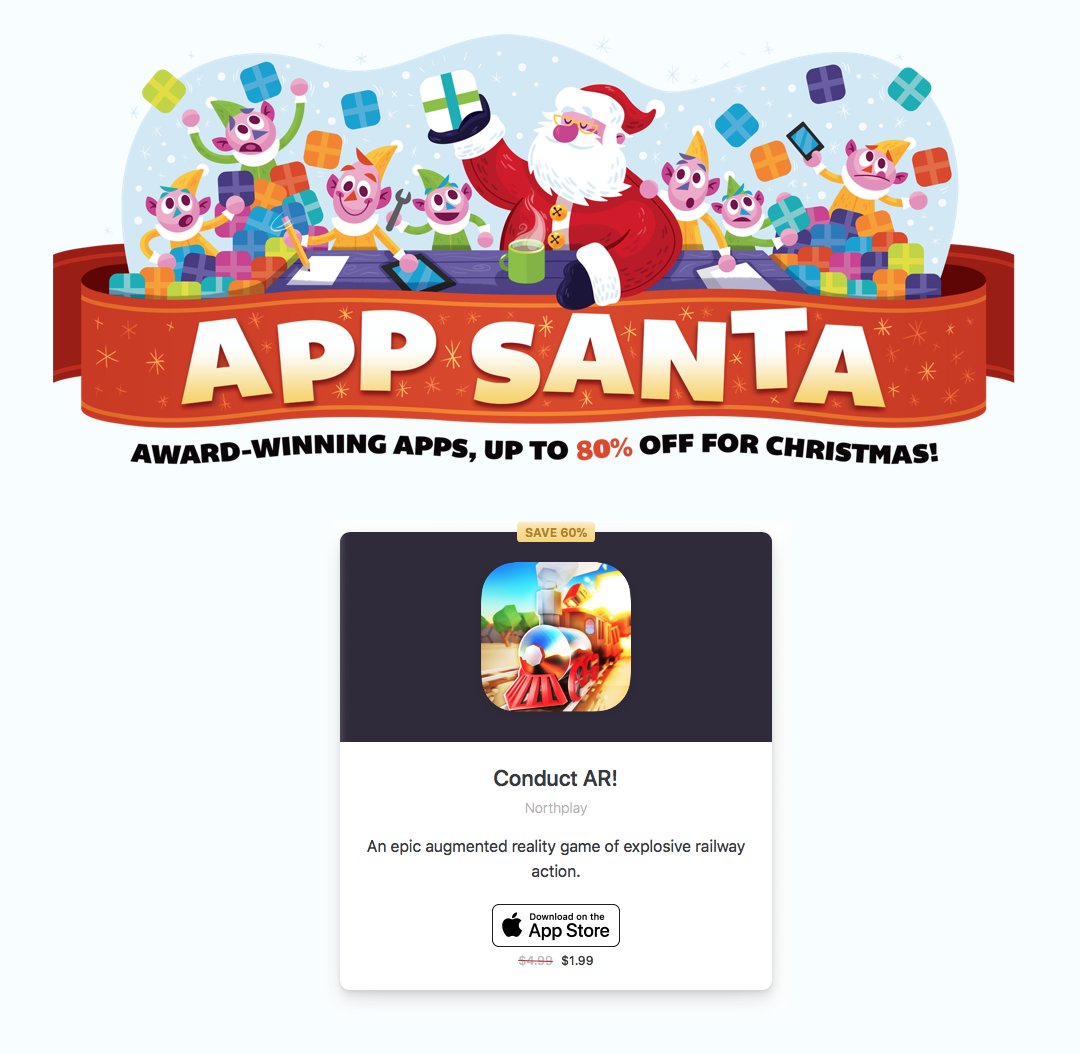 heynorthplay's tweet image. Conduct AR! Is participating in this year’s @appsanta with a 60% holiday discount! 

Buy it through appsanta.co and 25% of affiliate revenue goes to @appcamp4girls ❤️