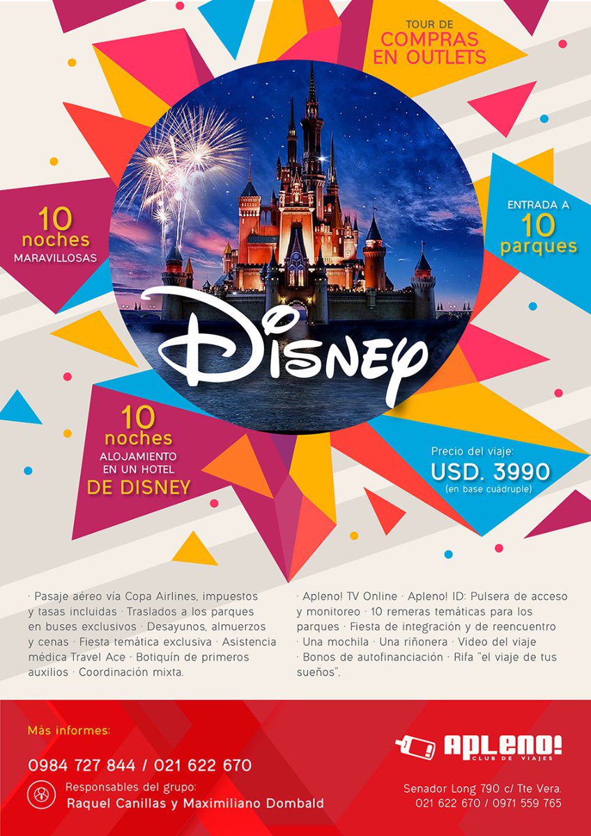 raquelcanillas's tweet photo. En Julio del 2018 preparen sus 💼 💼 para ir al Mundo Maravilloso de la Fantasia!🎡✈🐭
✨✨✨✨✨✨
Grupo personalizado😃
✨✨✨✨✨✨
Coordina y acompaña:
Raquel Canillas de Guggiari
✨✨✨✨✨✨
Disney Apleno! Club de Viajes 
✨✨✨✨✨✨
Más informes al 📞 0984727844 https://t.co/ZaTe5tyQX9