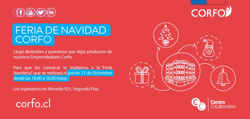 CC_Corfo's tweet photo. Apoya a los emprendedores y visita este jueves 21 de Diciembre nuestra Feria Navideña. Habrá más de 30 expositores. https://t.co/0LRvxcRWU3
