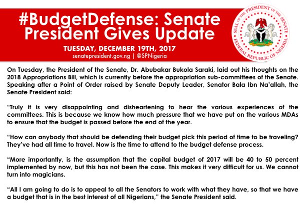 SP8thNGRSenate's tweet photo. UPDATE from the @NGRSenate Floor:  

Senate President, Dr. Abubakar Bukola Saraki, Gives Update on the 2017 #BudgetDefense https://t.co/sGcLsieQ8L