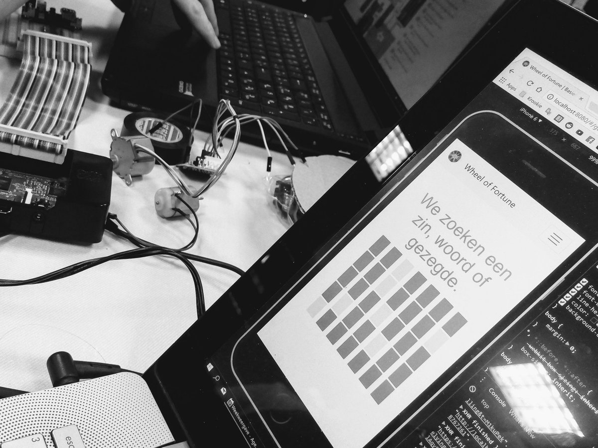 GlibertAdriaan's tweet photo. Having fun with #WOT ! Wheel of Fortune, Camera Tracking, Slackbots, LED Display, Robots... #NewMediaDevelopment #artevelde #gdm #nmd #raspberrypi #ahs #olod #GrafischeEnDigitaleMedia #gent #campusmariakerke https://t.co/NvWDzC4aq7