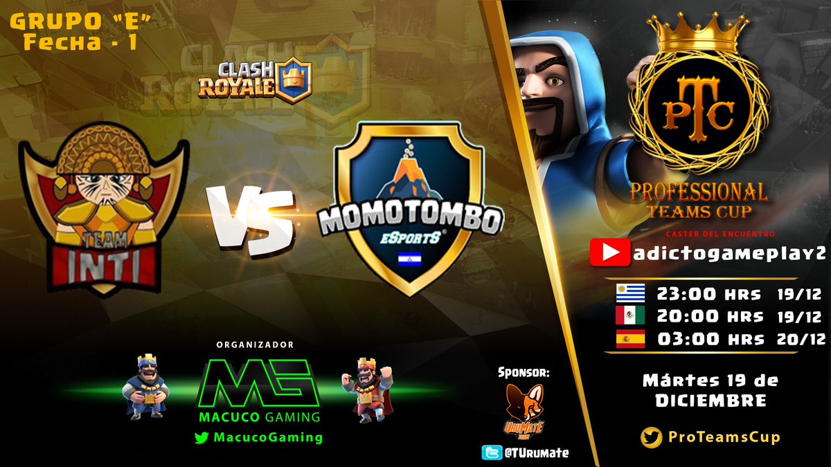 (5/6) Jornada 1 de una nueva liga: @ProTeamsCup:
🇲🇽17:00🇪🇸0:00 -> Assassins Crew vs Sandstorm LA
📺<a href="/Droopydachi/">Dan</a>
🇲🇽20:00🇪🇸3:00 -> Inti eSports vs Momotombo eSports
📺@gpgaboo