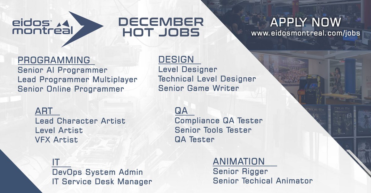 EidosMontreal's tweet photo. On recrute! Venez travailler avec nous sur des jeux solos narratifs et de nouvelles expériences en ligne.
•• 
We're recruiting! Come work with us on single-player narrative games and new online experiences.
➡️ https://t.co/a5hPxz3EKb #gamejobs https://t.co/e7psmPpQxs