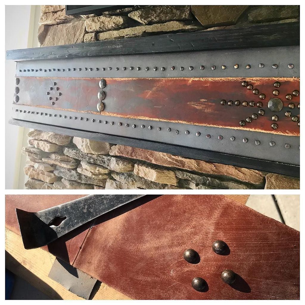 JessDInteriors's tweet photo. Handcrafted mantle - iron layered with worn distressed leather, custom nailhead design, and reclaimed barn wood trim. Tobacco barn style
#vintagedesign #rustic #leather #metal #wood #lakeliving #southernliving #mantles #Ncdesign #jessicadaurayinteriors https://t.co/gMzH6JLLWT https://t.co/MY6q92zJZM