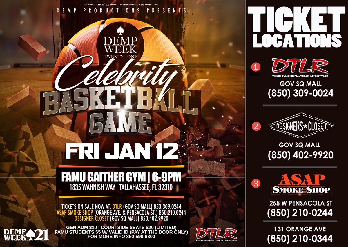 DEMP_FANPAGE's tweet photo. #DempWeek21♠️
Celebrity Basketball Game🏀
Friday, January 12, 2018
@ FAMU Gaither Gym | 6p-9p
Tickets Available at: 
#DTLR (Gov Sq Mall)
#DesignerCloset (Gov Sq Mall)
#ASAPSmokeShop (Both)
Gen Adm $10
Courtside Seats $20
For More Info Contact 850.590.6300
Sponsored By: @DTLR https://t.co/KNxdFWD2KU