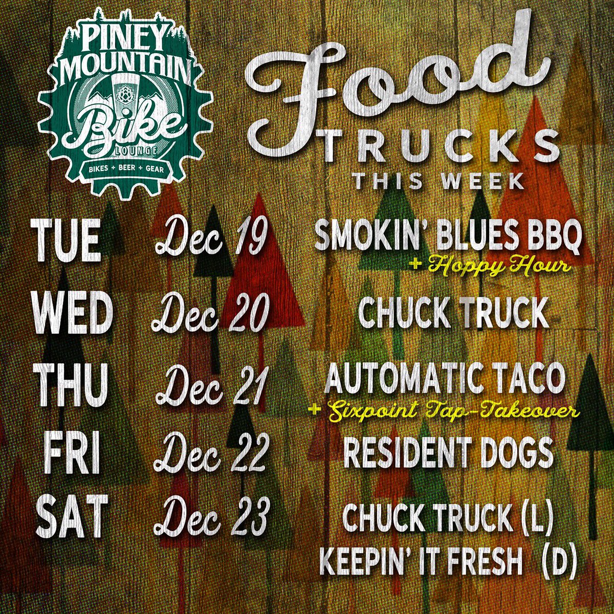 Food Truck schedule for the week! (As always: Subject to Change at a moments notice) Sixpoint Brewing Takeover on Thursday!
