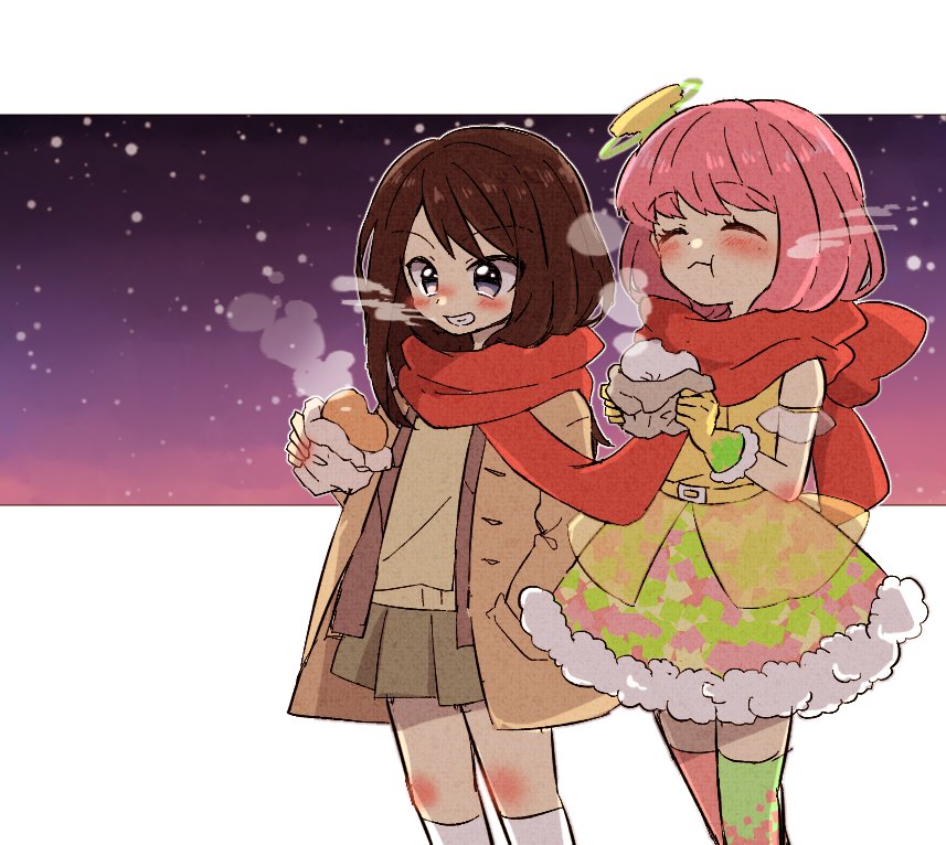 multiple girls 2girls pink hair scarf shared scarf food shared clothes  illustration images