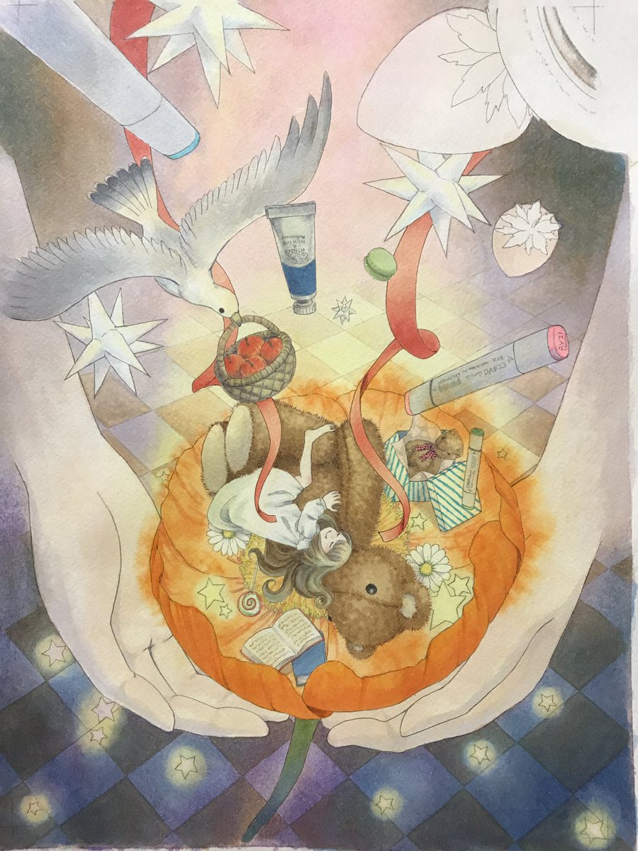 くおんれいの イラストやお知らせ 背景を先に作った方が絵の全体のバランスも取りやすくなるので その後に細々したモチーフを光を意識しながら塗っていきます 最後にホワイトを入れて絵の具を散らして完成です コピック くおんコピック