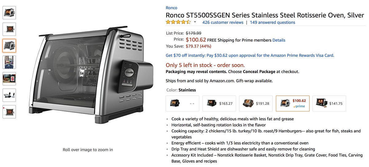 SteveKasuya2's tweet image. アメリカのAmazonでこの$100のロティサリーオーブン買って改造すればロティーサリーチキンとじゃがいもの同時調理から焼き芋、バームクーヘン作りまで全部できちゃうかも😋 amzn.to/2CFtbQN #Arduinoロティサリーグリル #Arduino焼き芋機