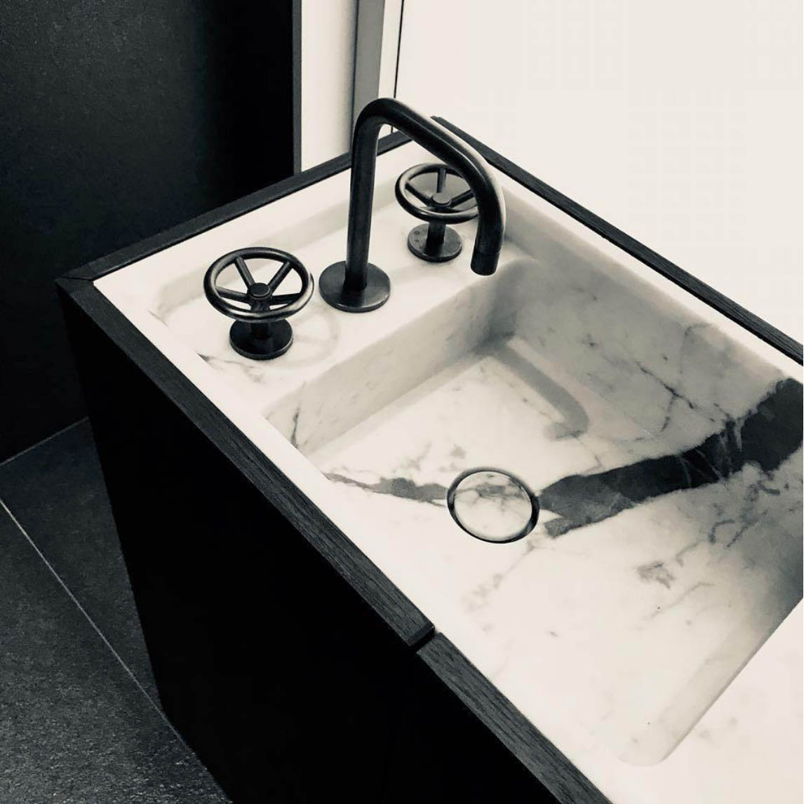 Industrial luxe| Brooklyn in Gun Metal takes centre stage in this dark and moody bathroom. Interiors by Konstantinos Sotiropoulos