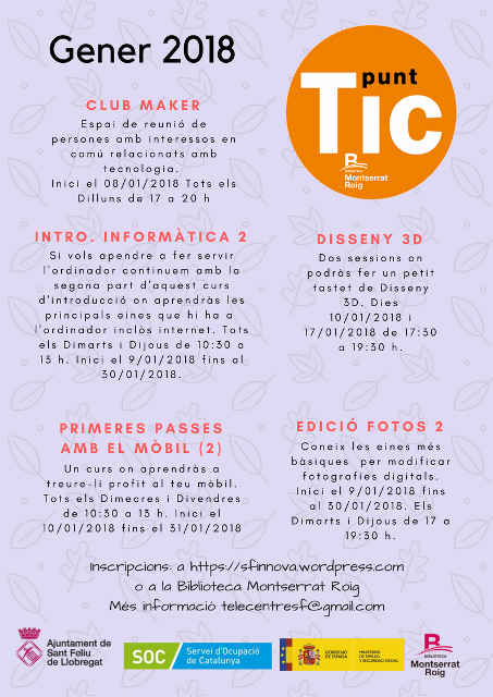 santfeliuinnova's tweet photo. Oferta formativa per al gener 2018. Ja és aquí. Fem segona part dels cursos de desembre. Però qualsevol s'hi pot reenganxar. T'ajudem. Apunta't a: https://t.co/4DJvX76W6q Places limitades. #santfeliu @ajsantfeliu @Tangencial_ @punttic https://t.co/PDikj223aS