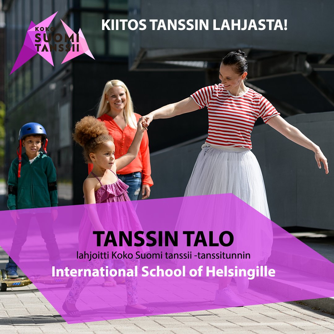 .<a href="/tanssintalo/">Tanssin talo</a> lahjoitti Koko Suomi tanssii -tanssitunnin International School of Helsingille! Anna sinäkin aineeton tanssin lahja 31.12. mennessä suomitanssii.fi/lahjoitus/ #tanssi #lahja #suomi100