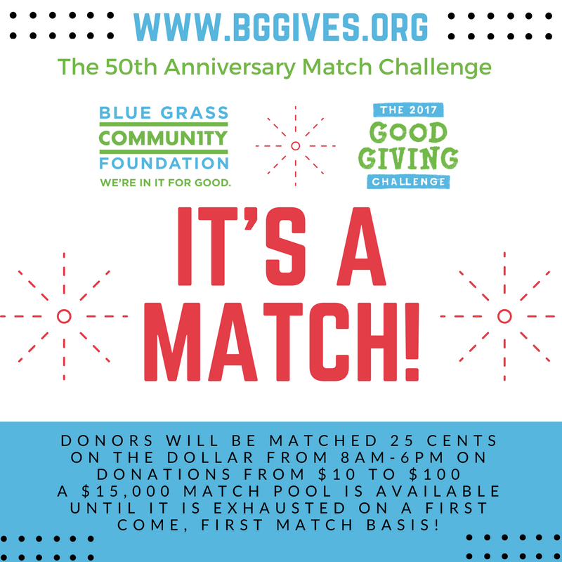 TOMMORROW! Bigger bang for your buck: The 50th Anniversary Match Challenge!  Donors will be matched 25 cents on the dollar on gifts ranging $10 to $100! Matching funds of $15,000 will be awarded on a first come, first match basis. Head to bggives.org and GIVE! 8am-6pm