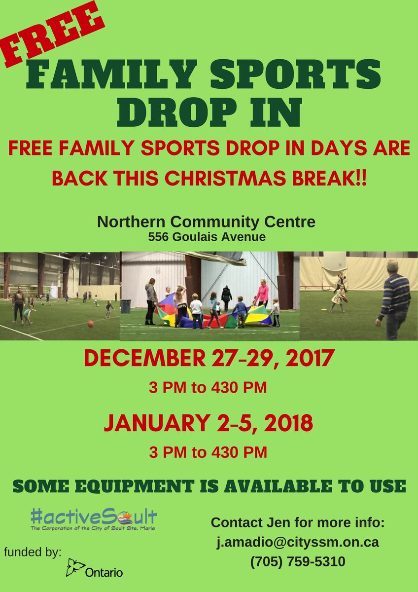 Free family sports drop in days are back! @ActiveSault #NorthernCommunityCentre https://t.co/lWyWtVAkkS