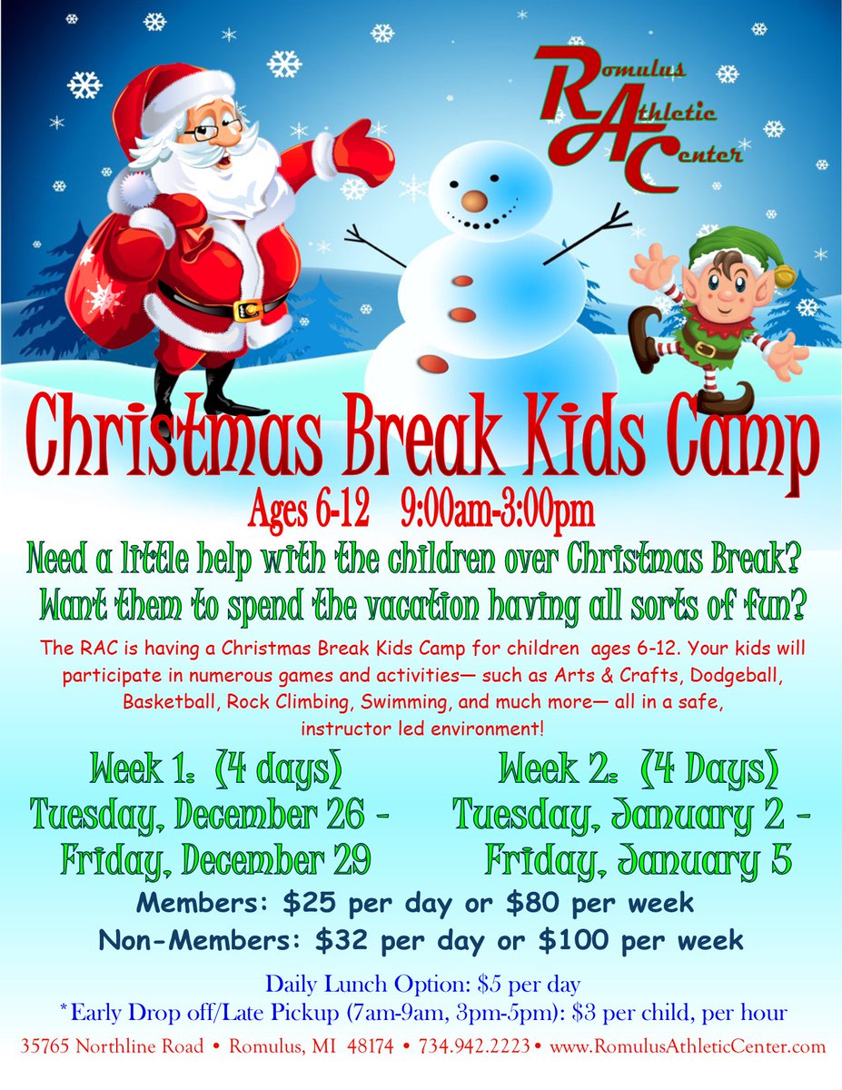 RomulusAC's tweet photo. Christmas Break Day Camp begins next Tuesday for two weeks!  Ages 6-12.  Daily or Weekly rates... #Romulus https://t.co/dqu7lHuXsw