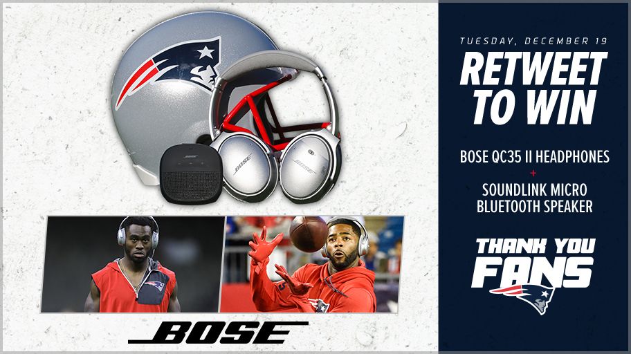 Patriots's tweet image. Day 2⃣ of #ThankYouFans giveaways brings 2⃣ prizes from @Bose!

RT to enter to win #QC35 II headphones + SoundLink #Micro Speaker: bit.ly/2Ck3zZF