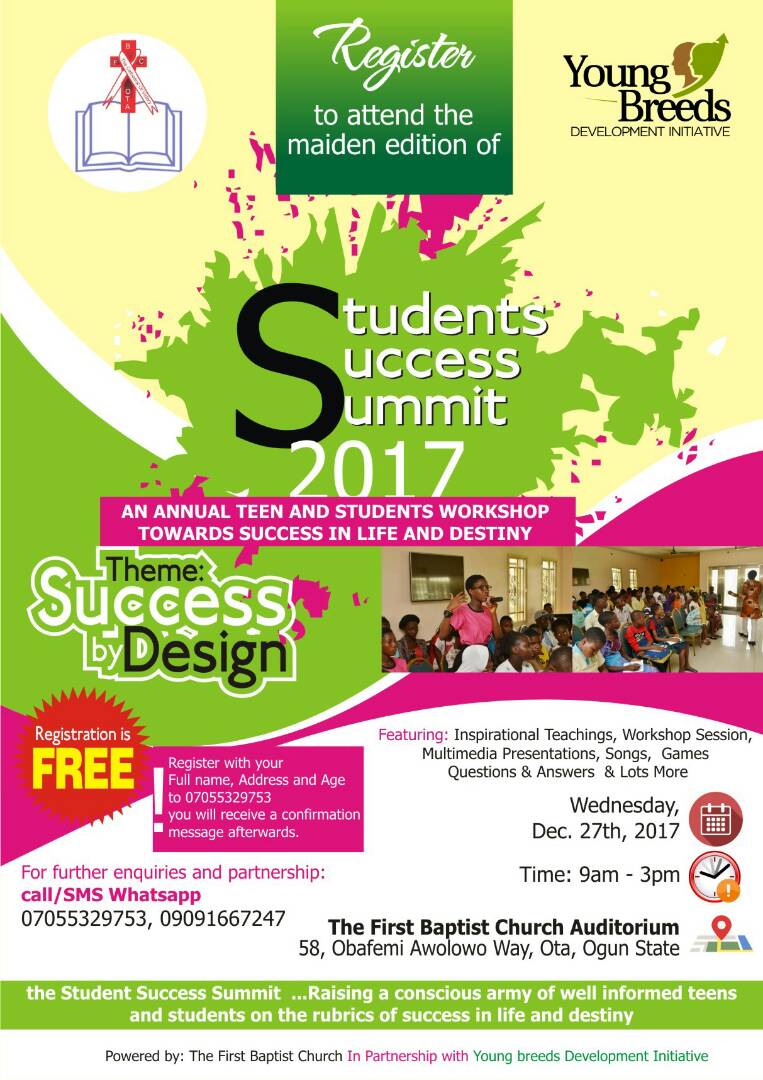 YoungBreeds's tweet photo. No more to the deceits and false impressions of success. Young people want to know more! Make it a date 27th Dec, 2017 at #SSS2017
REGISTER via SMS/WhatsApp with your Full Name, Age and Location to 07055329753
Participation is FREE. https://t.co/LFmrKi8pTk