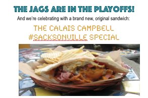 estreetcafe's tweet photo. Our tribute to the @Jaguars' butt-kicking season debuts TOMORROW! Named for the Mayor of #sacksonville it's a SACK of Poz-strami, Myles (Pepper) Jack cheese &amp; Jalen “Hamsey” w/ Tom-ato (Coughlin) &amp; HOT mustard. Putting the "D" in "delicious" @BillySpeckman @LewTurner @lennycurry https://t.co/pL3eaqlWG8