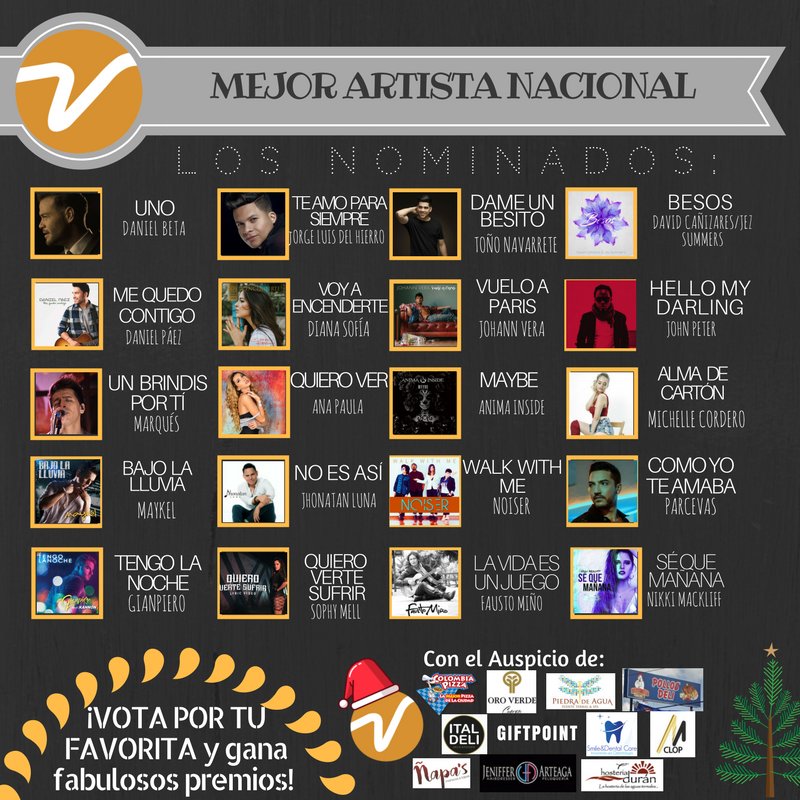 El viernes 22 de diciembre desde las 09:00 elegimos Lo Mejor del Año.   Vota por tus favoritos con el etiqueta #PremiosVisionCuenca. Estos son los Nominados a Mejor Artista Nacional en <a href="/radialvision/">Radio Visión 106.1FM</a>.