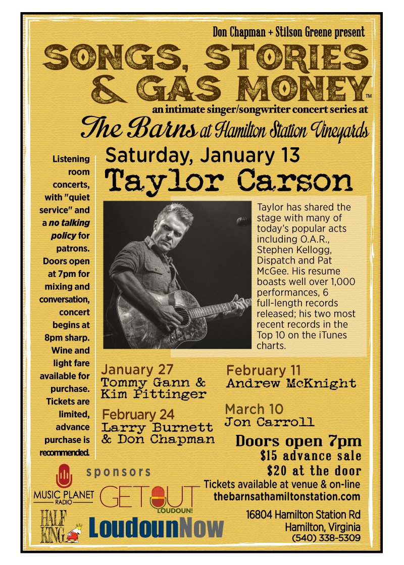 StilsonGreene's tweet photo. This is happening Jan 13 Songs Stories & Gas Money @thebarnsathsv @taylorcarson @markojet @cerphe @LoudounNow @GetOutLoudoun @LoCoEntertain #HalfKing @DCMohegan Tickets: https://t.co/gqDXCGVYkn https://t.co/xPEH1lmdTB