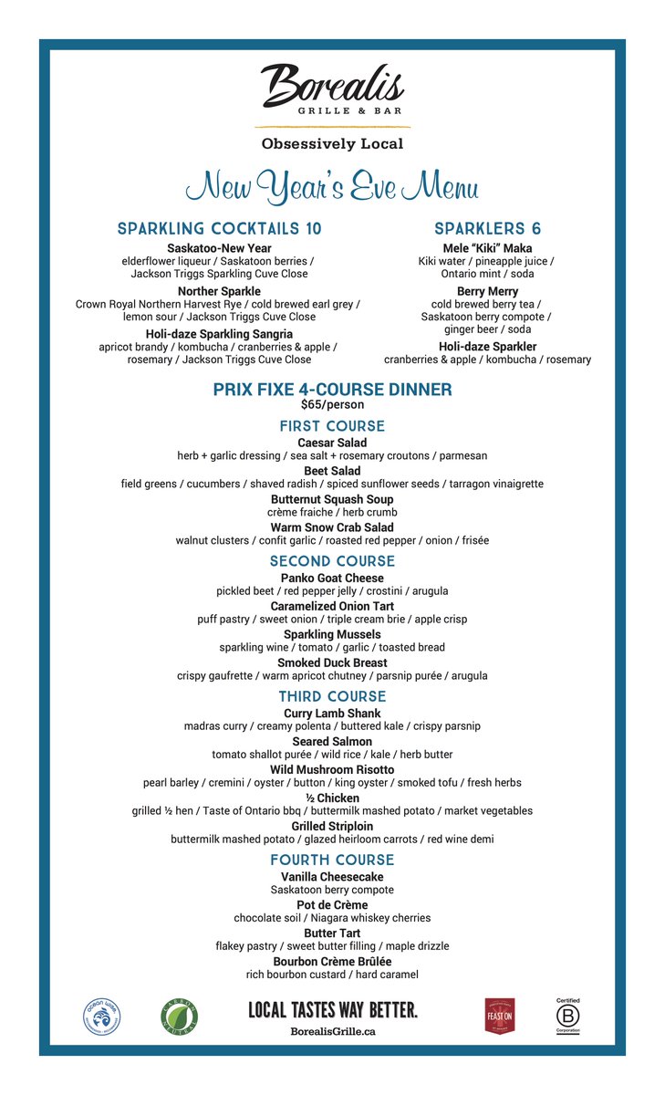 What are you doing this New Years Eve? Does it involve great drinks, local food and even better company? Book your reservation for dinner at Borealis Guelph and indulge in our 4-course NYE feast for only $65/person! Call us today!