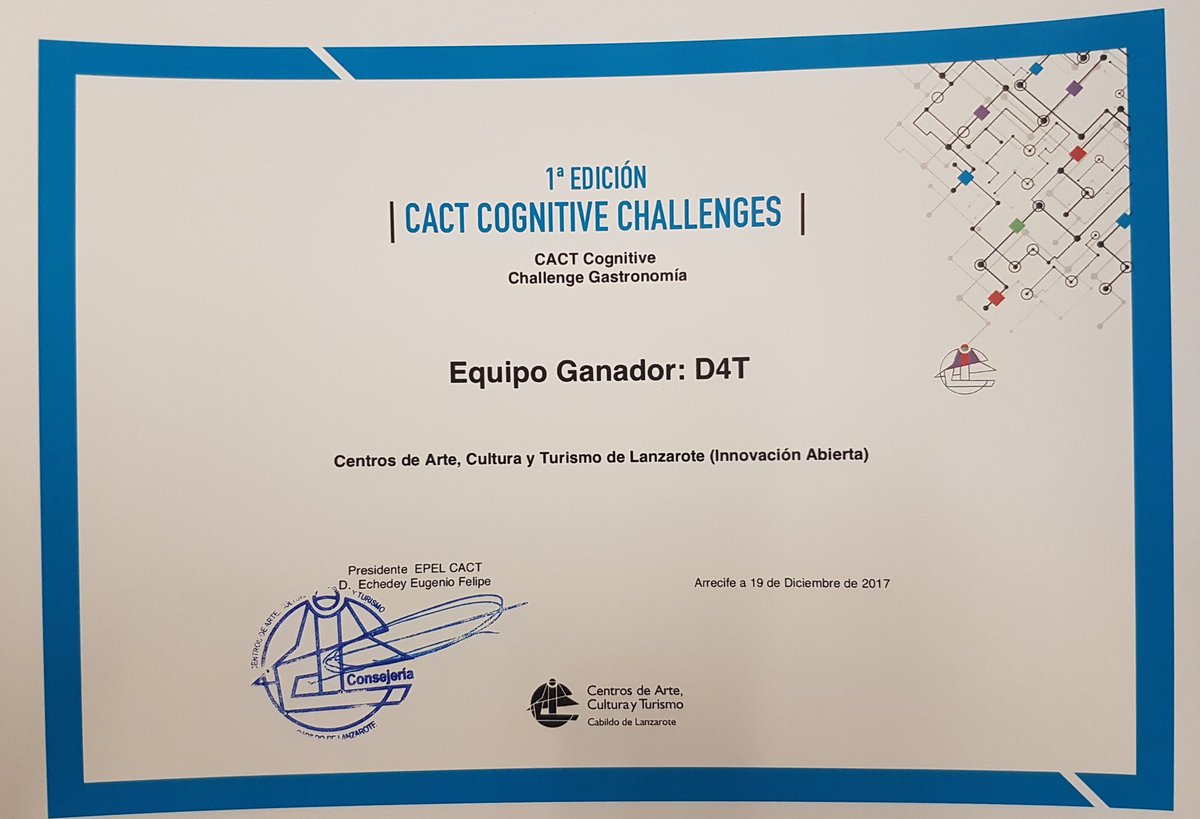 Nicolas_SuarezR's tweet photo. El equipo #Data4Tourism ha obtenido el 1er premio de #CACTCOGNITIVECHALLENGES para el #chatbot de #Gastronomía. Gracias a @cactlanzarote e @IBMWatson por permitirnos participar en esta iniciativa de #Innovación en #Turismo. Siguiente reto...puesta en producción.  #Lanzarote https://t.co/MdmzrQtdwh