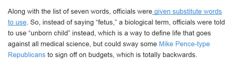 reproforall's tweet photo. The Trump administration has advised *replacing* the biological and scientific term “fetus” w/ “unborn child,” which is an ideological concept that goes against medical science: https://t.co/JOKKnCKHow #CDC7words https://t.co/tMGjyBsDkR