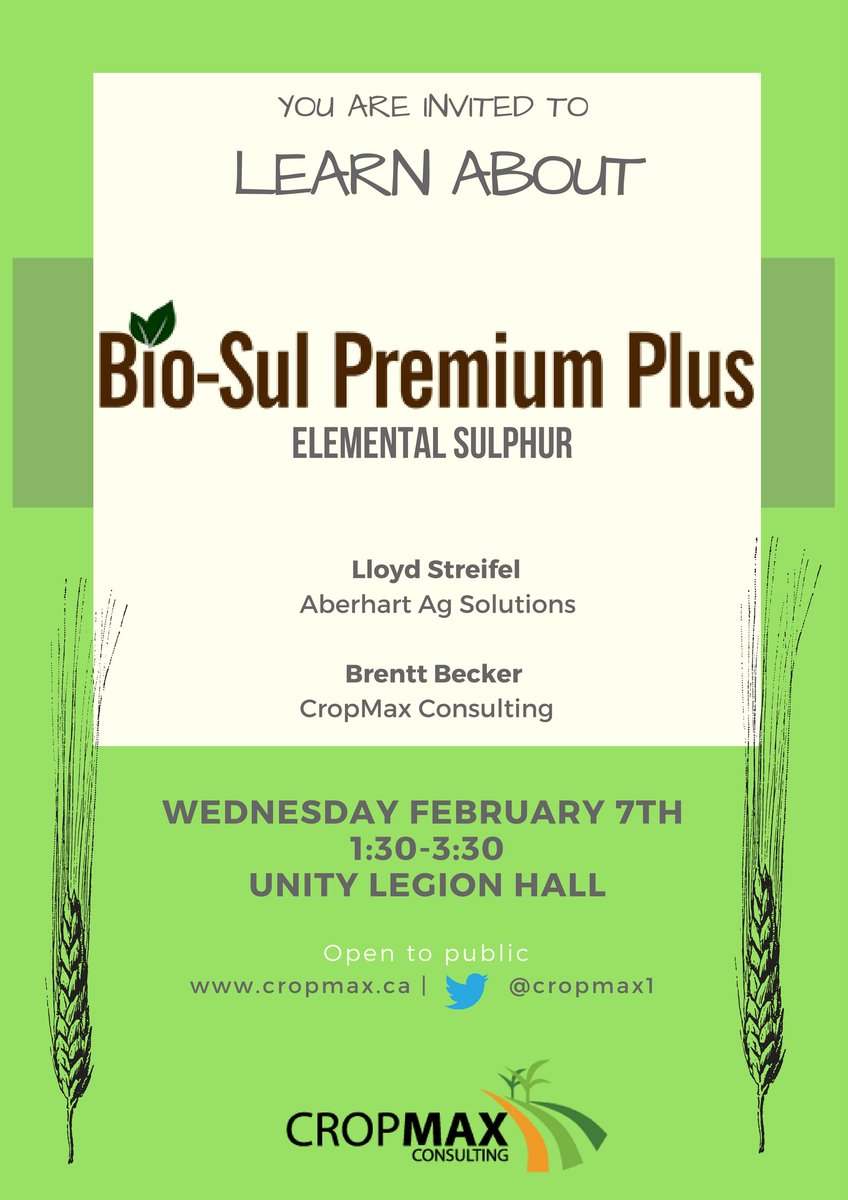 Want to learn about Bio-Sul? Come down to the Unity Legion Hall February 7th to hear about what Bio-Sul elemental sulphur is and how it can improve the logistics and economics of the sulphur program on your farm. #biosul #sulphur #fertilizer #biosulnation