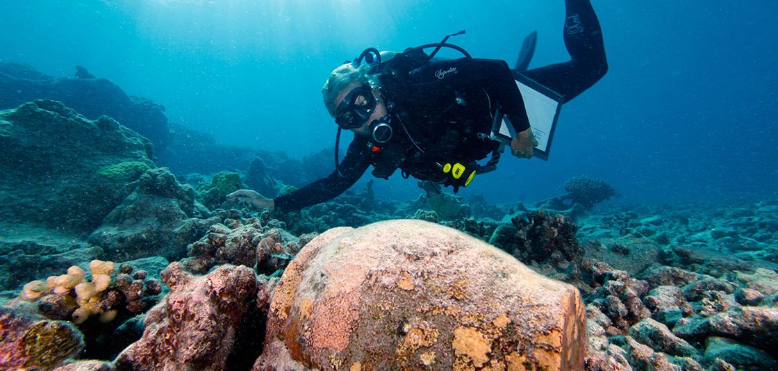 Diver and maritime archaeologist Dr. Kelly Keogh examines a jar from Two Brothers.
